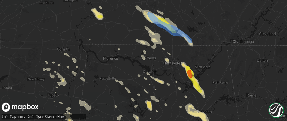 Hail map in Athens, AL on June 1, 2026