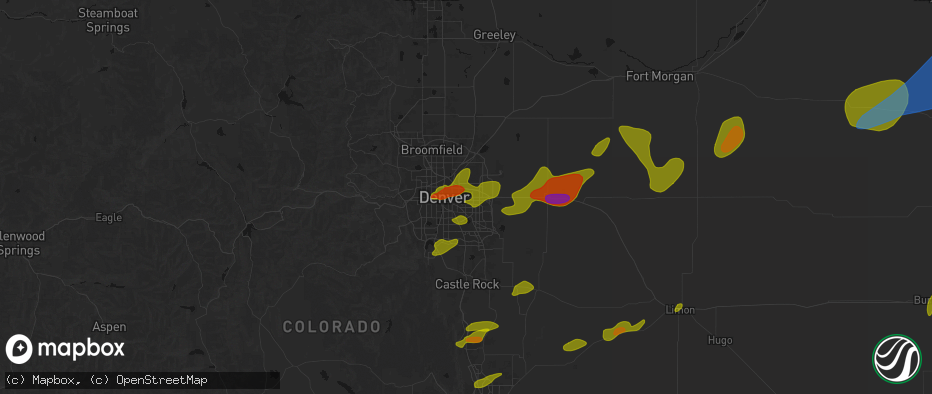 Hail map in Aurora, CO on June 1, 2026