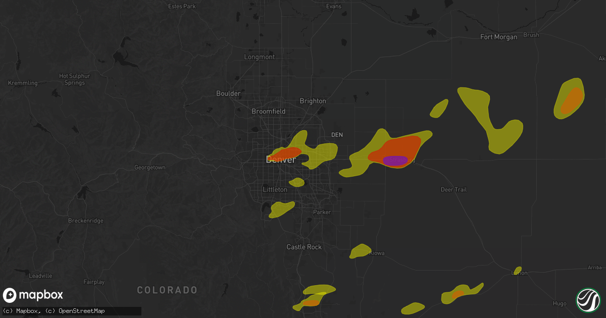 Hail map in Aurora, CO on June 1, 2026