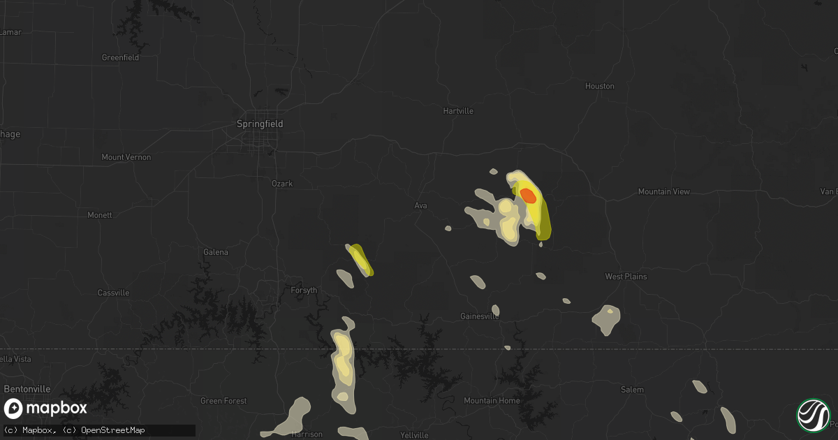 Hail map in Ava, MO on June 1, 2026