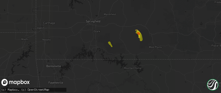 Hail map in Bradleyville, MO on June 1, 2026