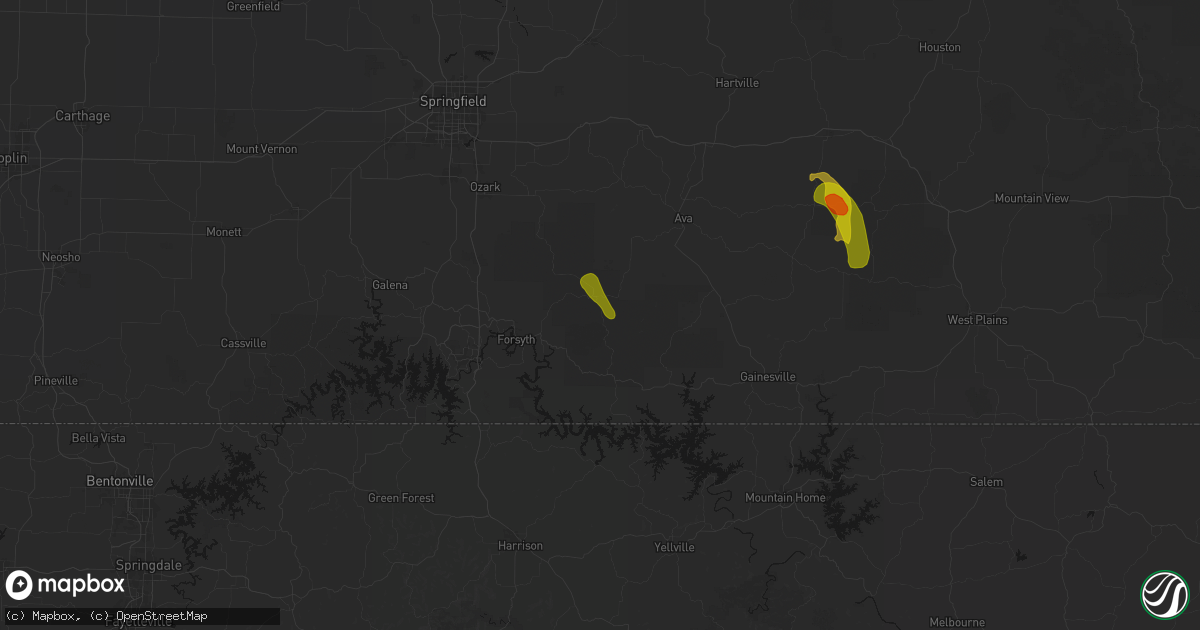 Hail map in Bradleyville, MO on June 1, 2026