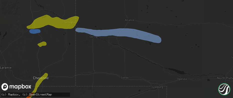 Hail map in Bridgeport, NE on June 1, 2026