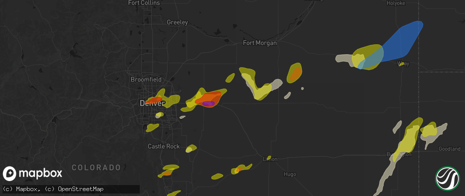 Hail map in Byers, CO on June 1, 2026
