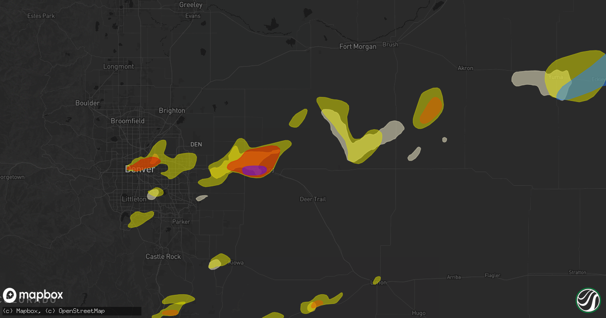 Hail map in Byers, CO on June 1, 2026