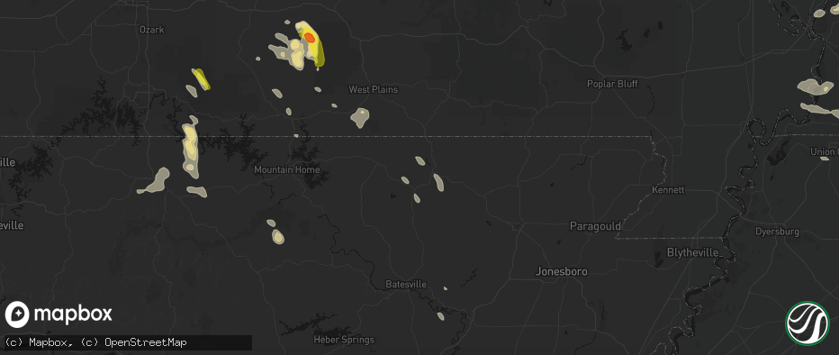 Hail map in Cherokee Village, AR on June 1, 2026