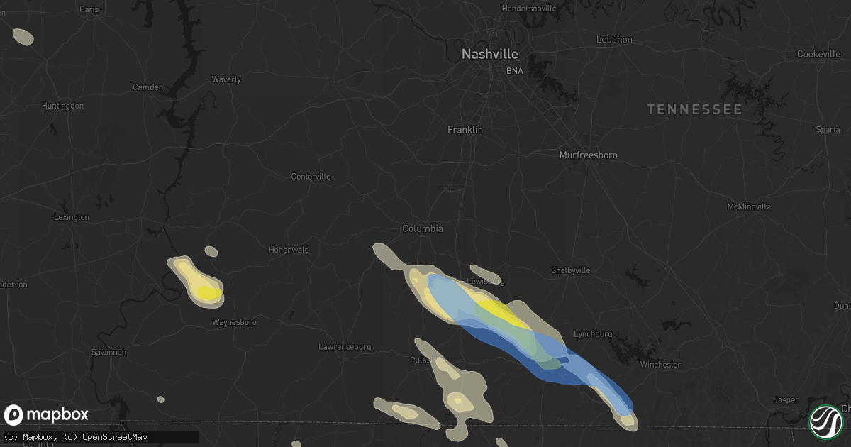 Hail map in Columbia, TN on June 1, 2026
