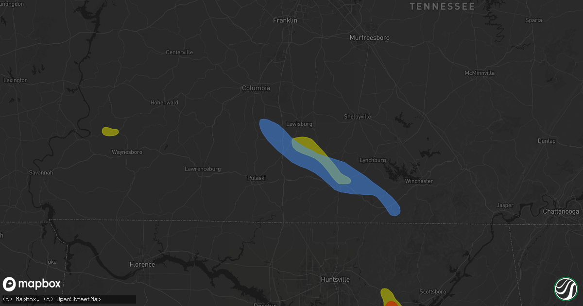 Hail map in Cornersville, TN on June 1, 2026