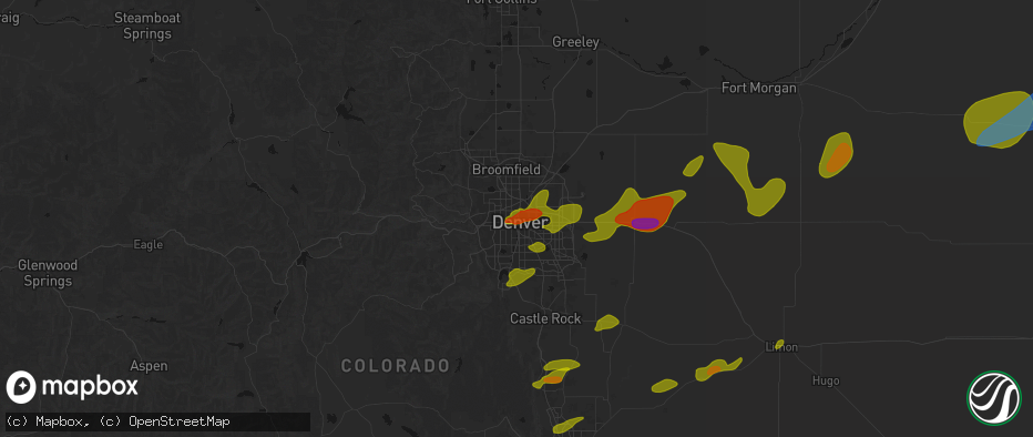 Hail map in Denver, CO on June 1, 2026