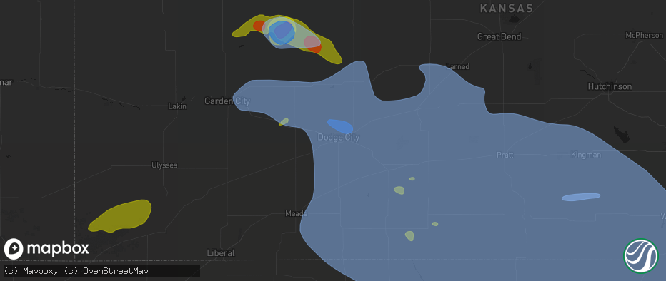 Hail map in Dodge City, KS on June 1, 2026