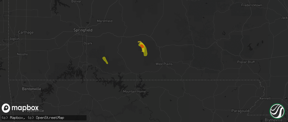 Hail map in Dora, MO on June 1, 2026