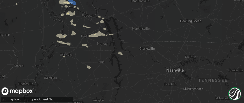 Hail map in Dover, TN on June 1, 2026