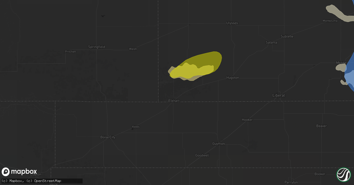 Hail map in Elkhart, KS on June 1, 2026