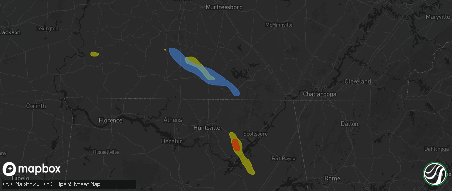 Hail map in Elora, TN on June 1, 2026