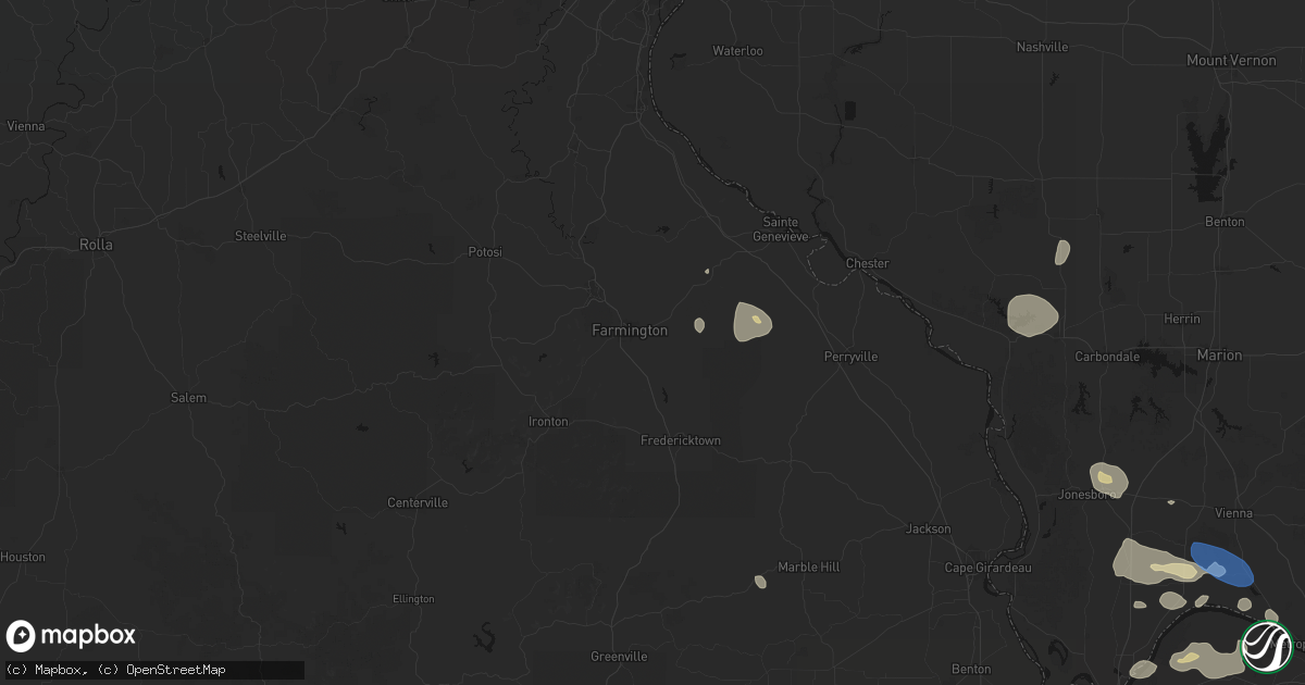 Hail map in Farmington, MO on June 1, 2026