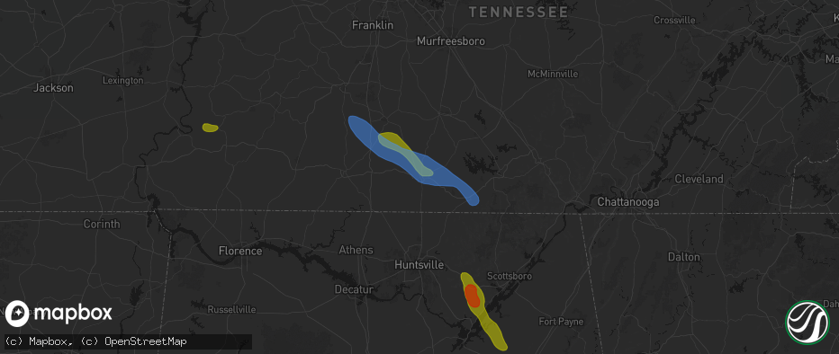 Hail map in Fayetteville, TN on June 1, 2026