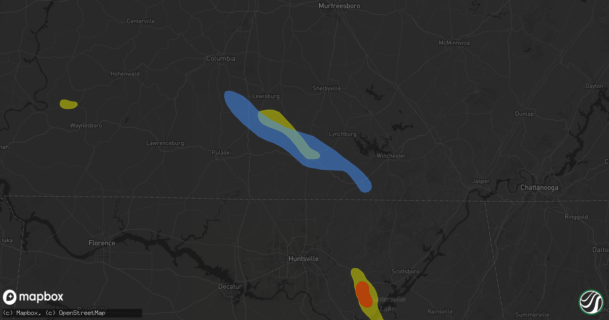 Hail map in Fayetteville, TN on June 1, 2026