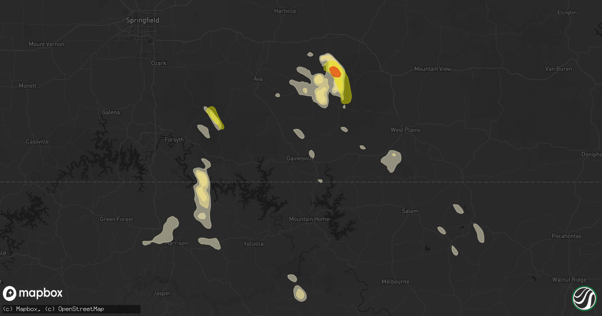 Hail map in Gainesville, MO on June 1, 2026