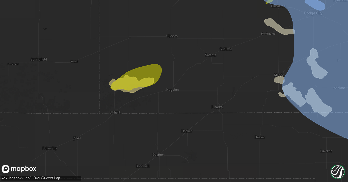 Hail map in Hugoton, KS on June 1, 2026
