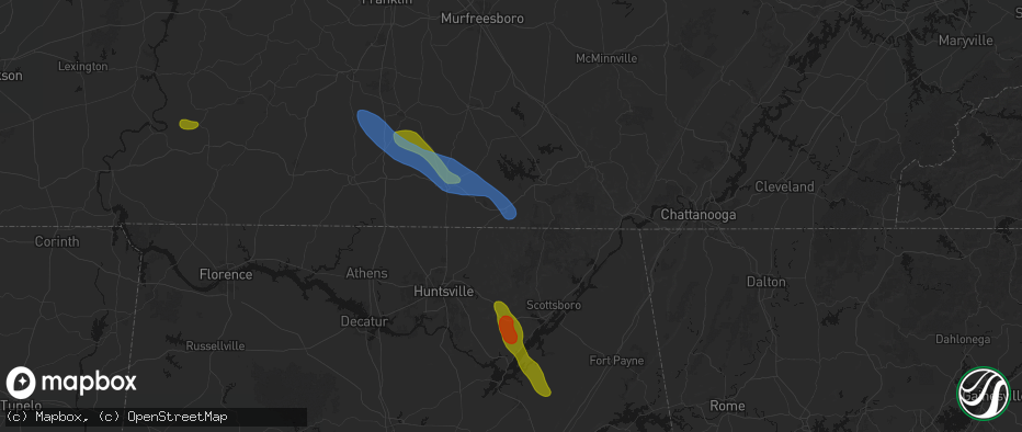 Hail map in Huntland, TN on June 1, 2026