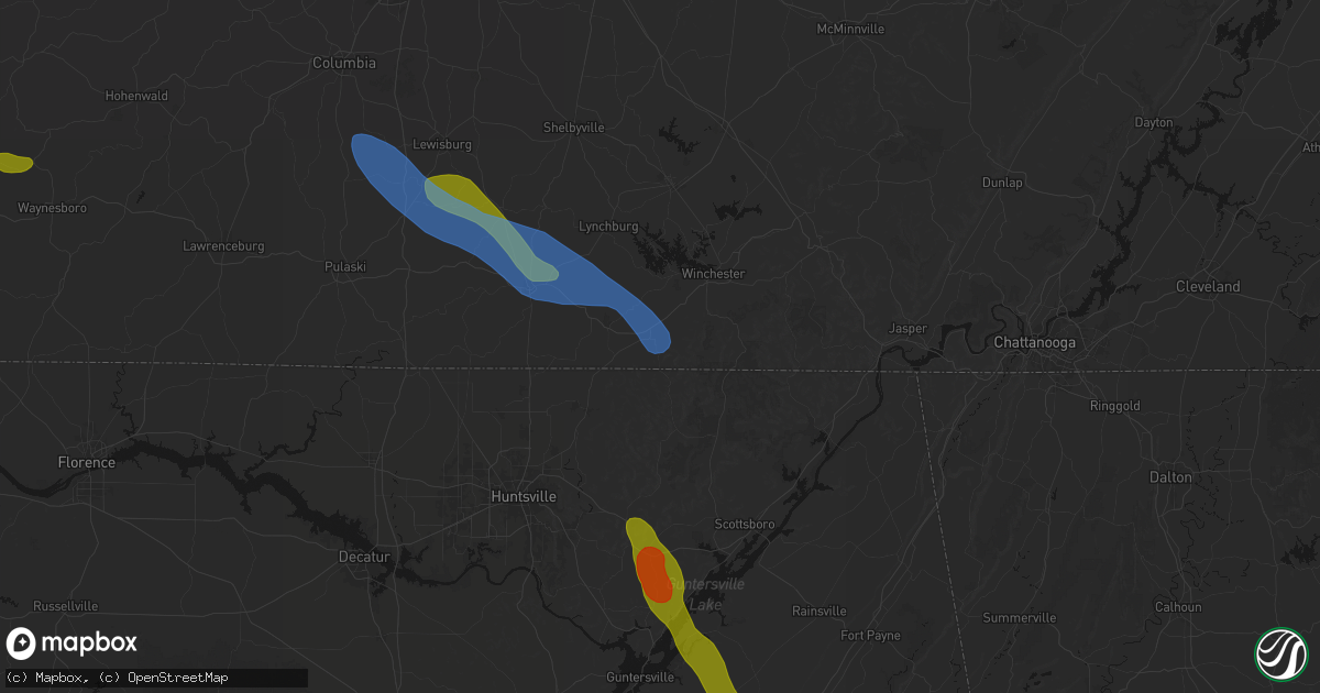 Hail map in Huntland, TN on June 1, 2026
