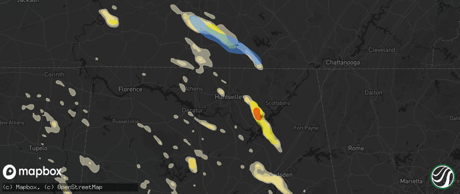 Hail map in Huntsville, AL on June 1, 2026