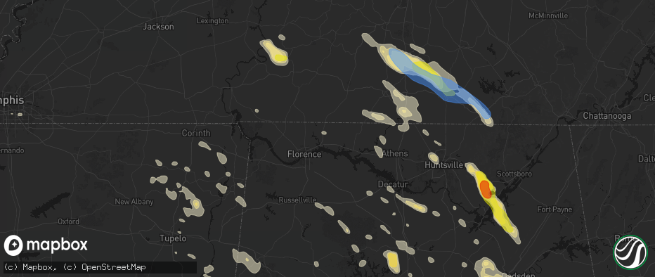 Hail map in Killen, AL on June 1, 2026