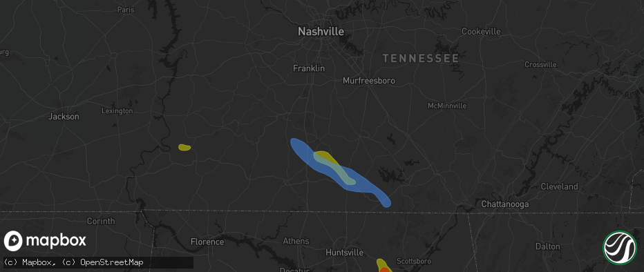 Hail map in Lewisburg, TN on June 1, 2026