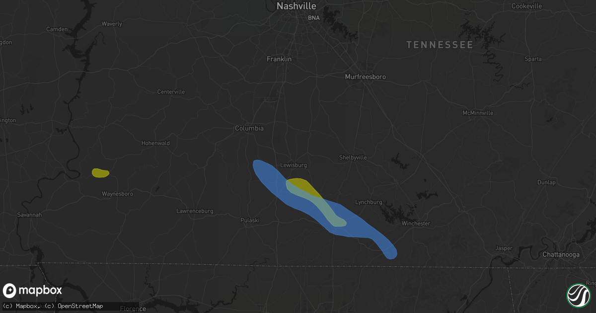 Hail map in Lewisburg, TN on June 1, 2026