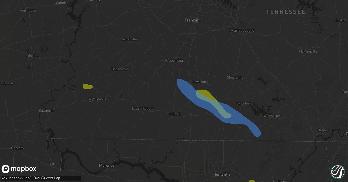 Hail map in Lynnville, TN on June 1, 2026
