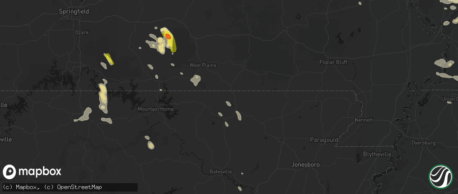 Hail map in Mammoth Spring, AR on June 1, 2026