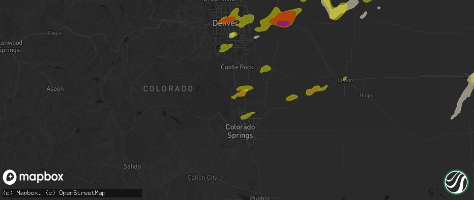 Hail map in Monument, CO on June 1, 2026