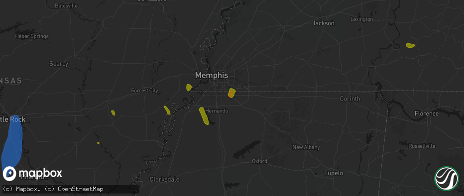 Hail map in Olive Branch, MS on June 1, 2026