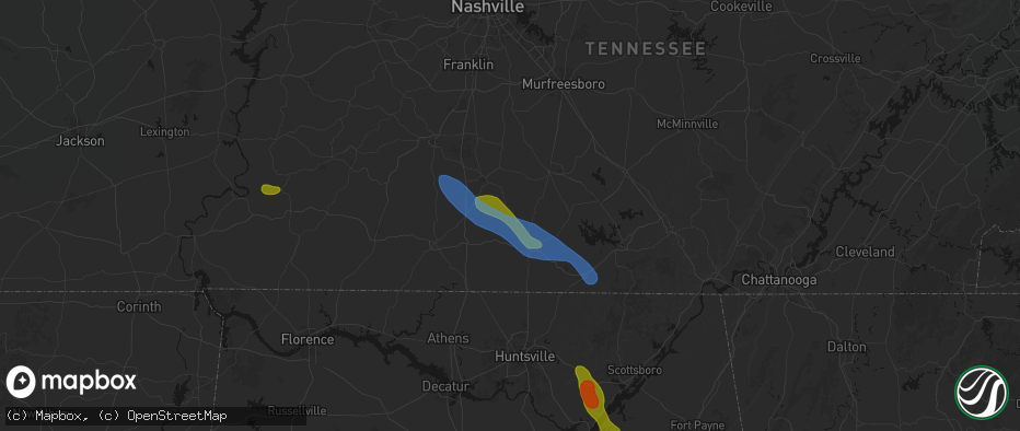 Hail map in Petersburg, TN on June 1, 2026