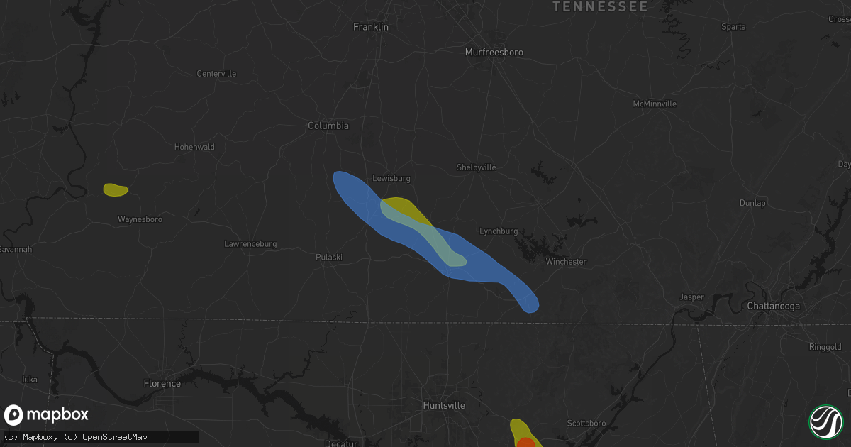Hail map in Petersburg, TN on June 1, 2026