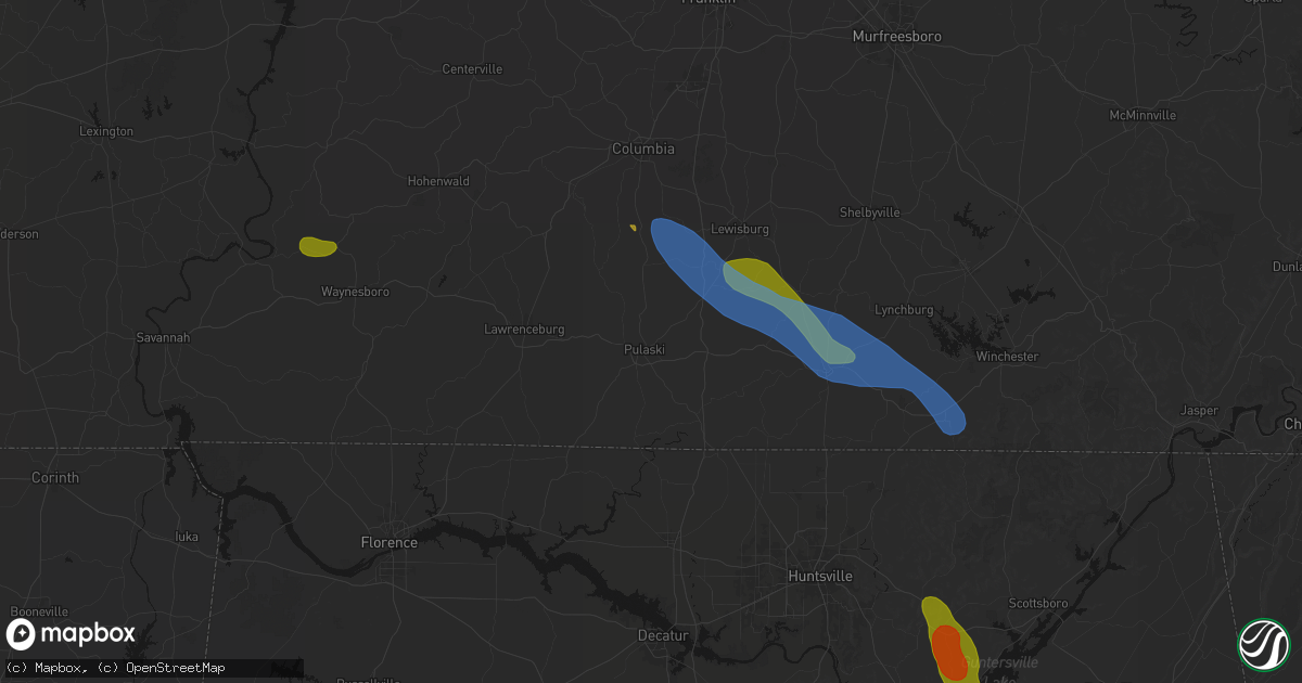 Hail map in Pulaski, TN on June 1, 2026
