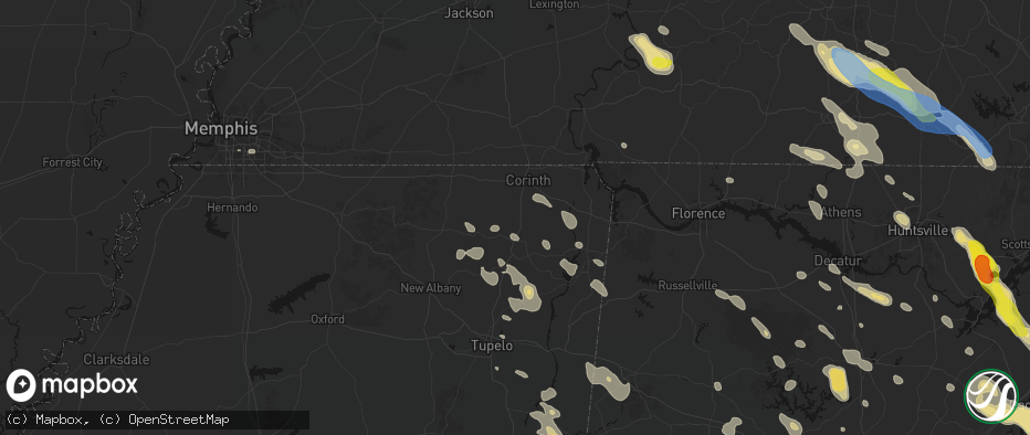 Hail map in Rienzi, MS on June 1, 2026