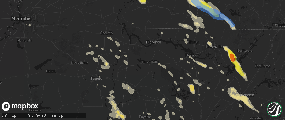 Hail map in Russellville, AL on June 1, 2026