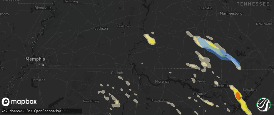 Hail map in Savannah, TN on June 1, 2026