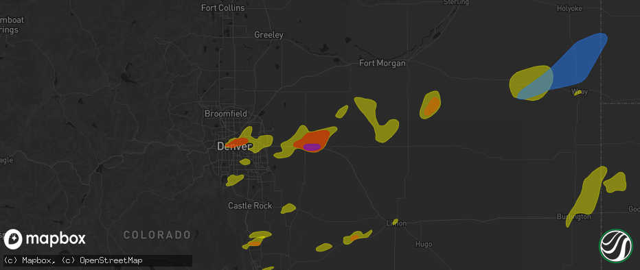 Hail map in Strasburg, CO on June 1, 2026