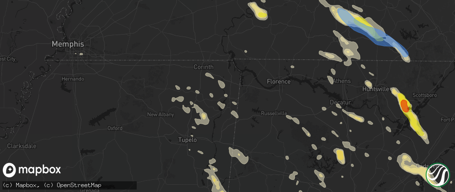 Hail map in Tishomingo, MS on June 1, 2026