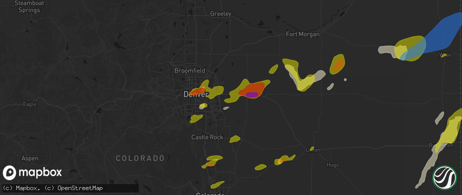 Hail map in Watkins, CO on June 1, 2026