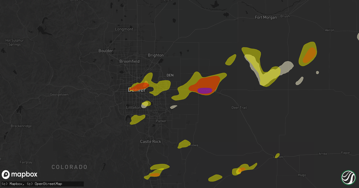 Hail map in Watkins, CO on June 1, 2026