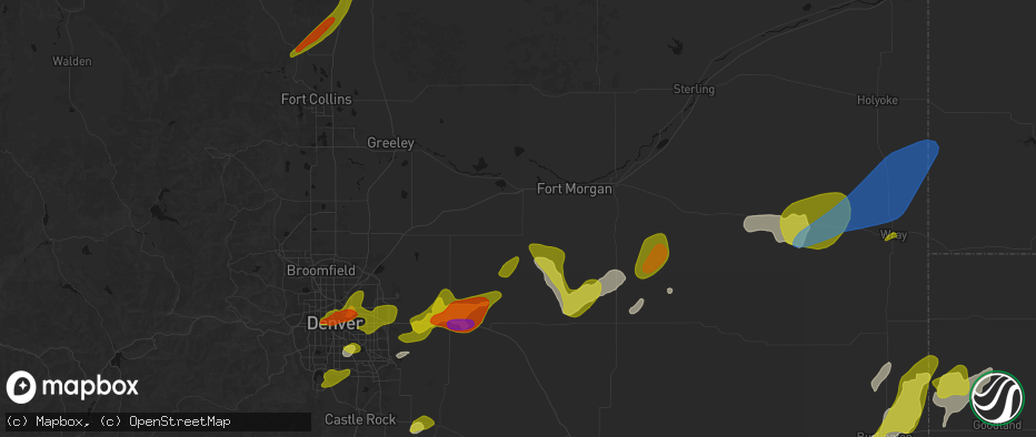 Hail map in Wiggins, CO on June 1, 2026