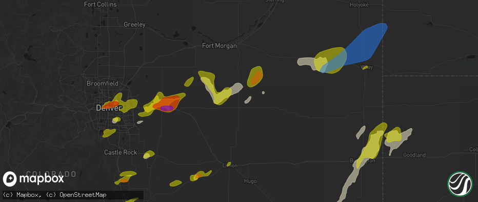 Hail map in Woodrow, CO on June 1, 2026