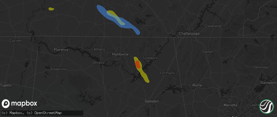 Hail map in Woodville, AL on June 1, 2026