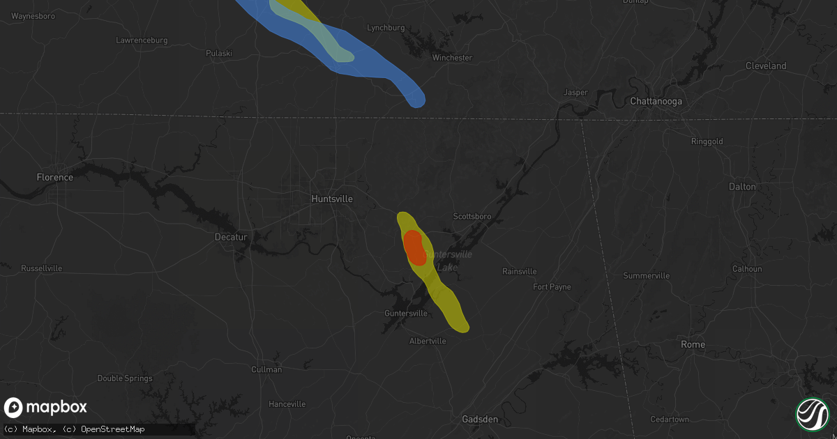 Hail map in Woodville, AL on June 1, 2026