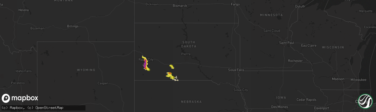 Hail map in South Dakota on June 2, 2019