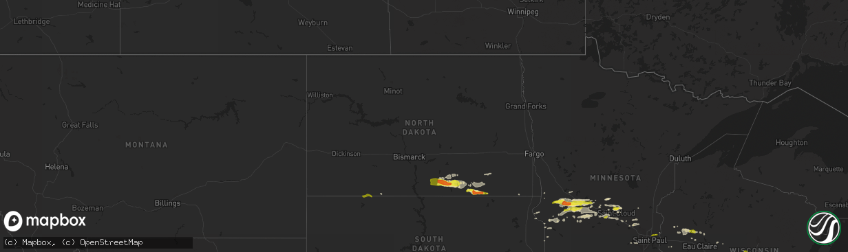 Hail map in North Dakota on June 2, 2020