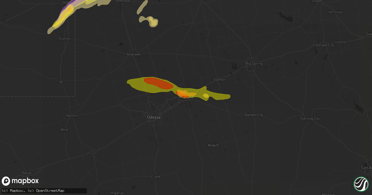Hail map in Midland, TX on June 2, 2023